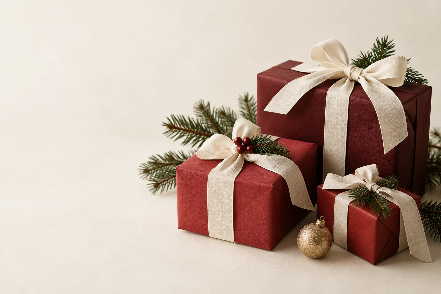 Cadeaux de Noël rouges aux rubans de tissu, branches de sapin et boule dorée